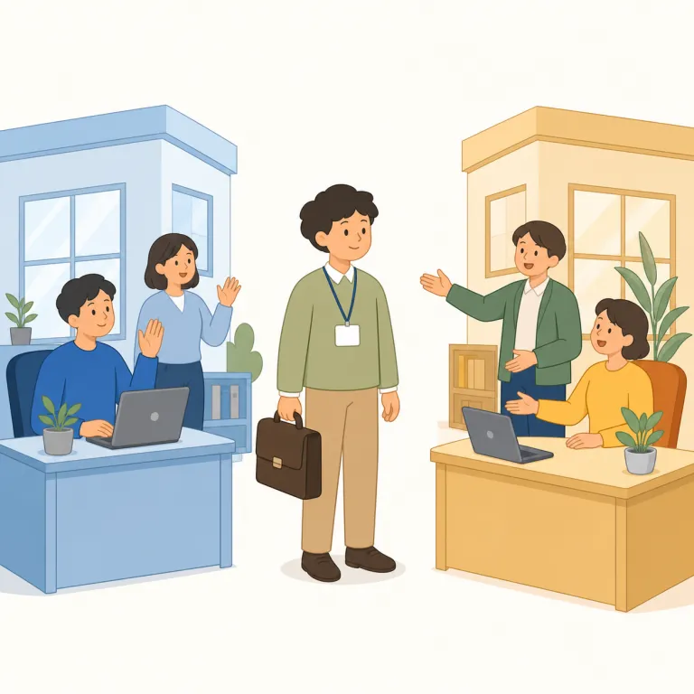 secondment（出向・名詞）の覚え方イラスト — secondment は transfer のような恒久異動ではなく、期間限定で別部署・別組織に出る人事だとセットで覚えると残りやすいです