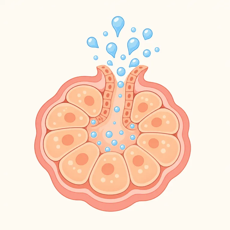 secretion（分泌・名詞）の覚え方イラスト — `secrete`（分泌する）を先に押さえ、その名詞形が `secretion` だとつなげて覚えると定着しやすいです