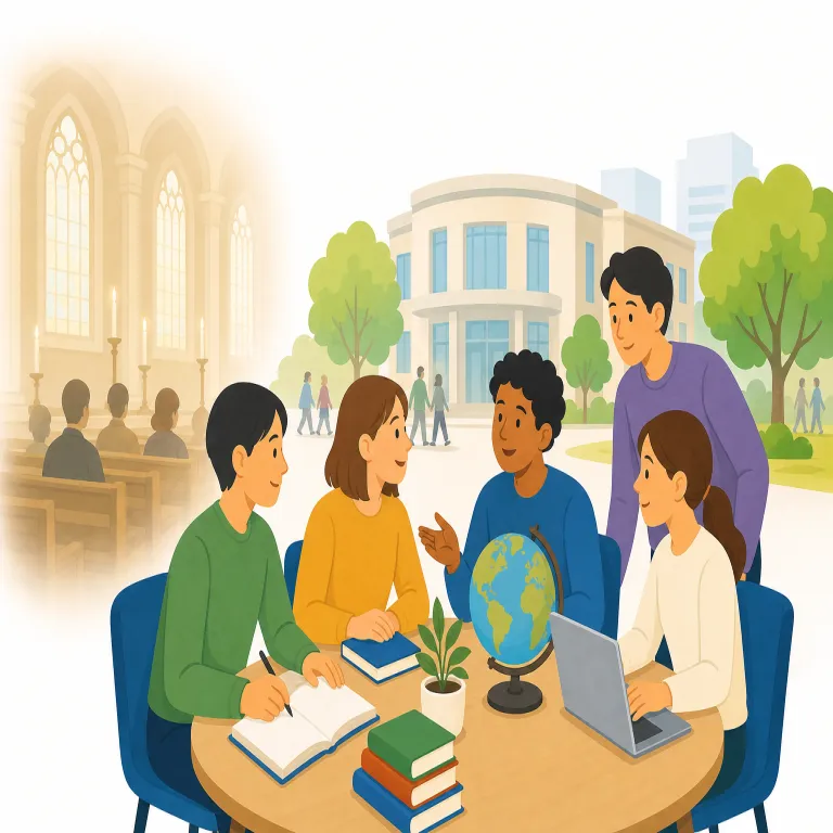 secularization（世俗化・名詞）の覚え方イラスト — このエントリの世俗化は、個別制度から宗教色を取り除く「非宗教化」よりも、社会全体の価値観や生活様式が宗教中心から現世的・市民的な方向へ移るという広い社会学的な意味で覚える…