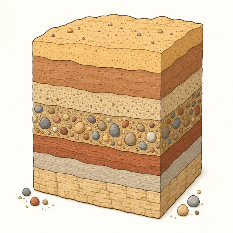sedimentary（堆積性の・形容詞）の覚え方イラスト — sedimentary は sediment（堆積物）が見えればかなり覚えやすい語