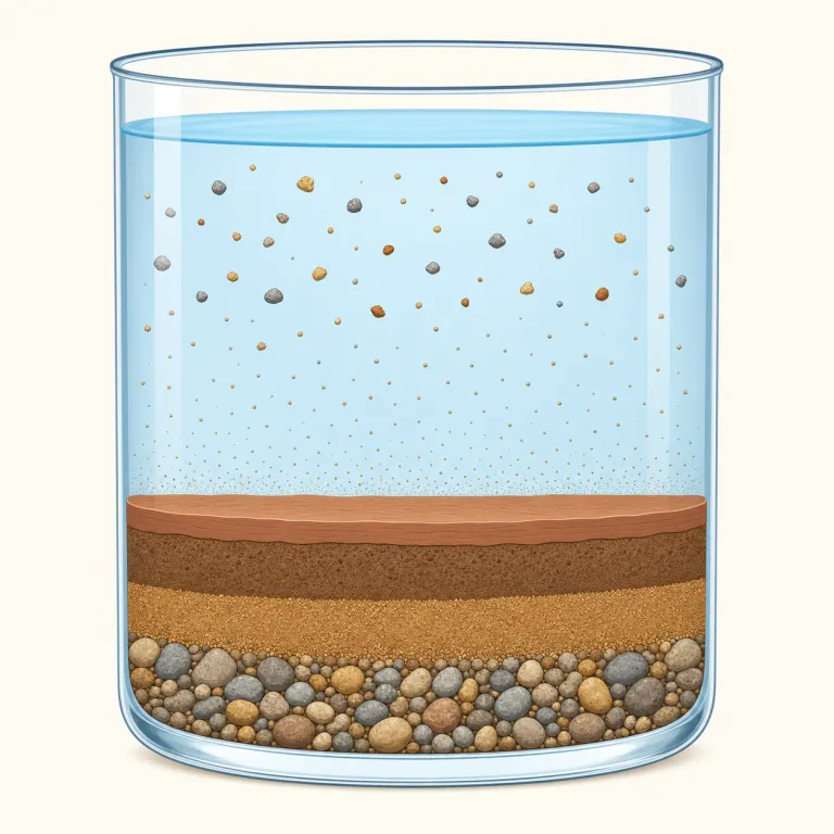 sedimentation（沈降・名詞）の覚え方イラスト — sediment が「沈殿物・堆積物」だと分かれば、sedimentation は「それが沈んで積もっていく過程」とつかめます