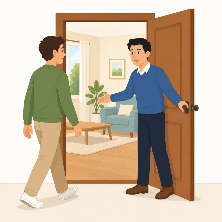 see in（部屋に案内する・句動詞）の覚え方イラスト — see someone in は、相手をただ見るのではなく、入口から中へ入るところまで見届けて世話する感覚で覚えます