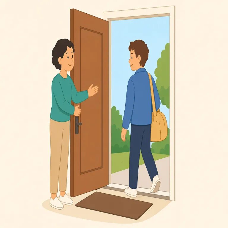 see out（やり通す・句動詞）の覚え方イラスト — see＋out で「外に出るところまで見る」と意識すると覚えやすいです