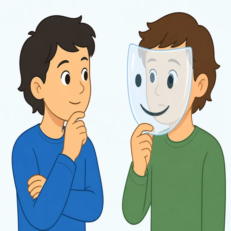 see through（見抜く・句動詞）の覚え方イラスト — see through は、直訳の「表面を通して向こうを見る」から、嘘・言い訳・作り笑いなどの奥にある本当の意図を「見抜く」と覚えます