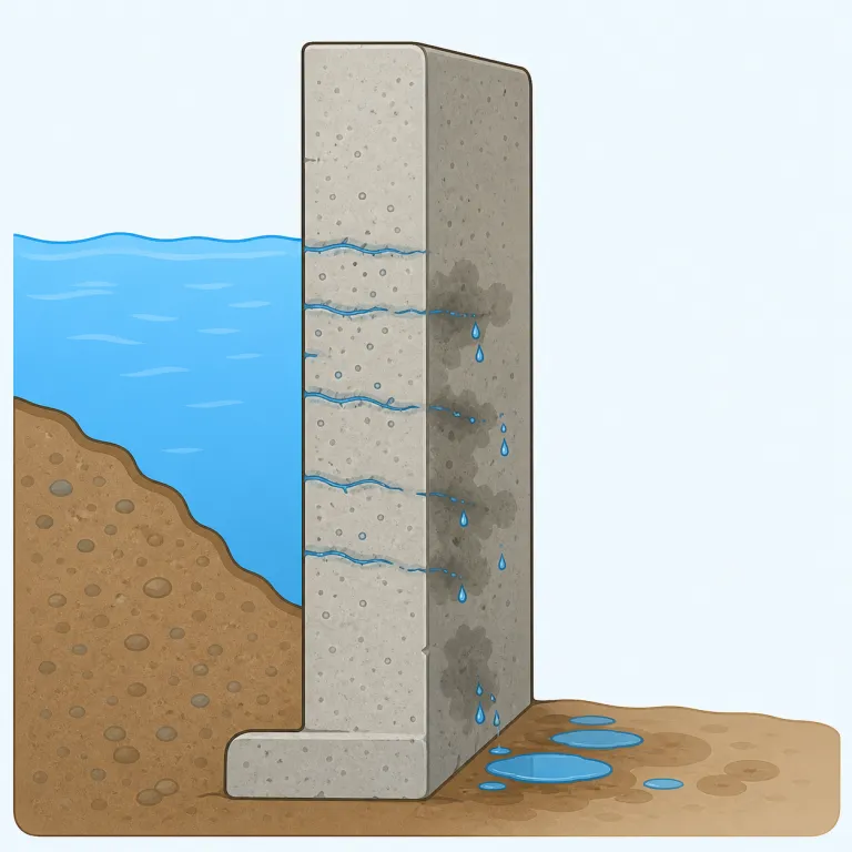 seepage（しみ出し、漏出・名詞）の覚え方イラスト — seepage はまず動詞 seep「じわじわしみ出る」を中心に置くと覚えやすいです