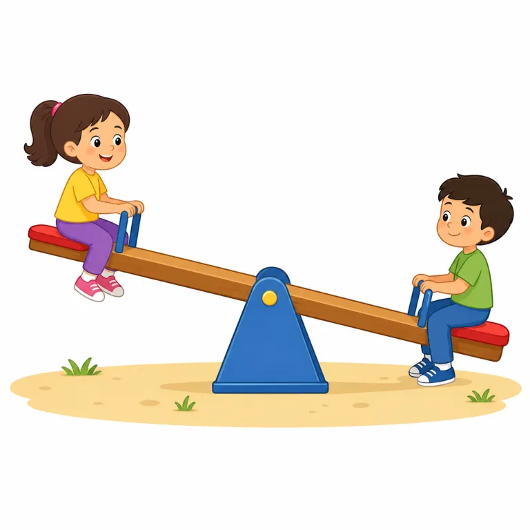 seesaw（シーソー・名詞）の覚え方イラスト — 名詞では、まず playground にある具体物として、細長い板・中央の支点・両端に座る二人という形で覚えるのが確実です