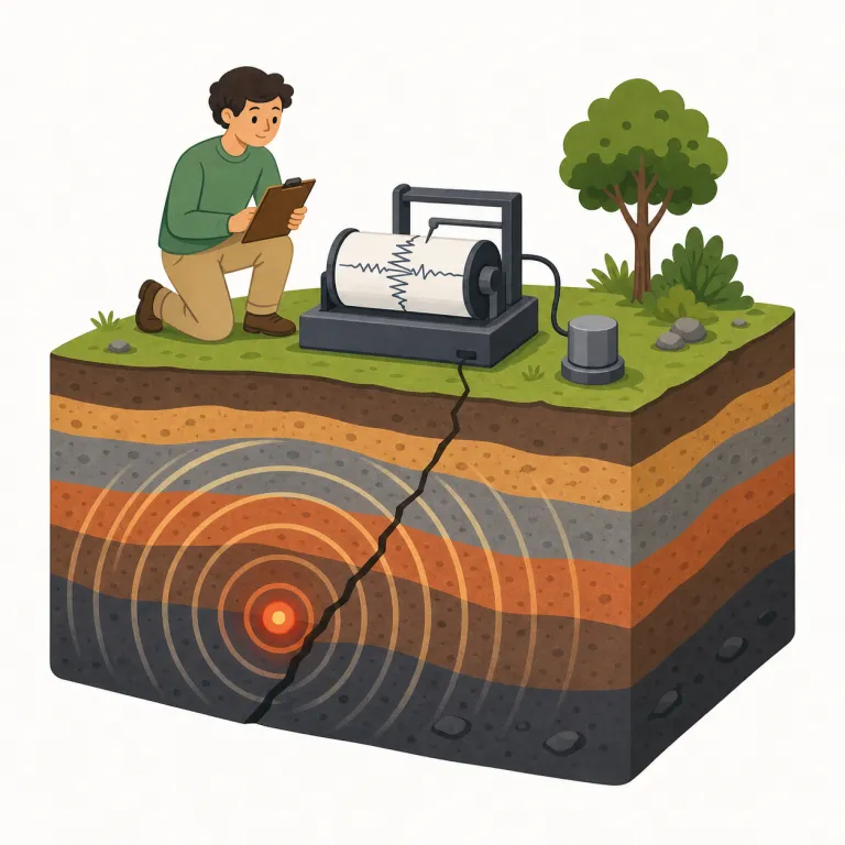 seismology（地震学・名詞）の覚え方イラスト — seismology は、biology や geology と同じ -logy の学問名パターンで「地震学」と覚えます