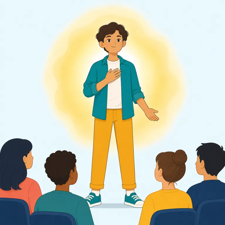 self-confident（自信のある・形容詞）の覚え方イラスト — self「自分」＋confident「確信している」で、「自分を信じている状態」と覚えると定着しやすい