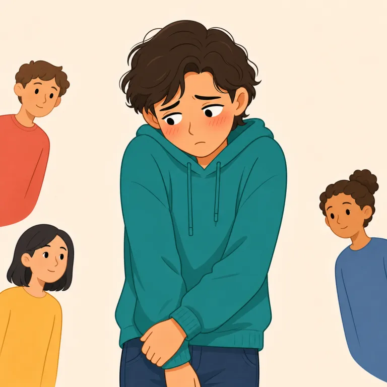self-conscious（人目を気にする・形容詞）の覚え方イラスト — self「自分」＋ conscious「意識している」から、「自分がどう見えるかを意識しすぎる」と覚えると定着しやすい