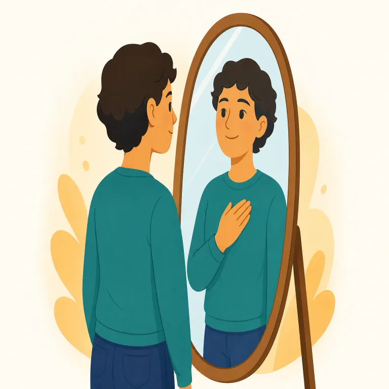 self-esteem（自尊心・名詞）の覚え方イラスト — `self-esteem` は `self`「自分」と `esteem`「価値を認める」からできた語です