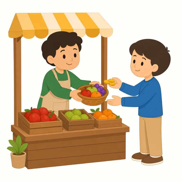 sell（売る・動詞）の覚え方イラスト — sell は「商品やサービスを代金と引き換えに渡す」という売り手側の動作を表す基本動詞です