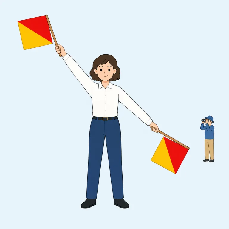 semaphore（手旗信号・名詞）の覚え方イラスト — まず広い語の signal を土台にし、その中でも semaphore は「離れた相手に、旗やアームの形で意味を送る具体的な信号方式」と絞って覚えると残ります