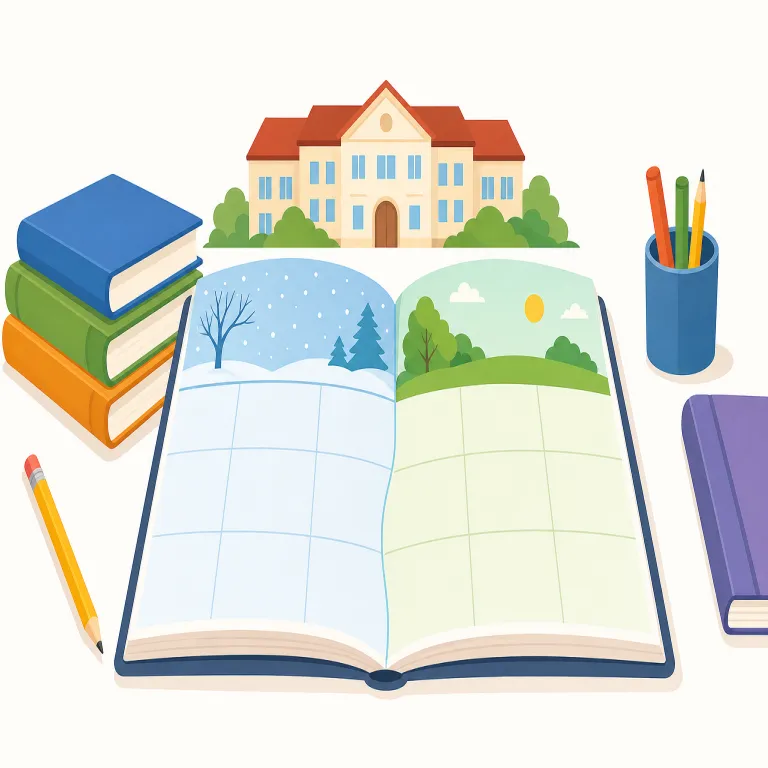 semester（学期・名詞）の覚え方イラスト — semester は、学校や大学で授業・試験・成績がひとまとまりで進む「学期」として覚えます