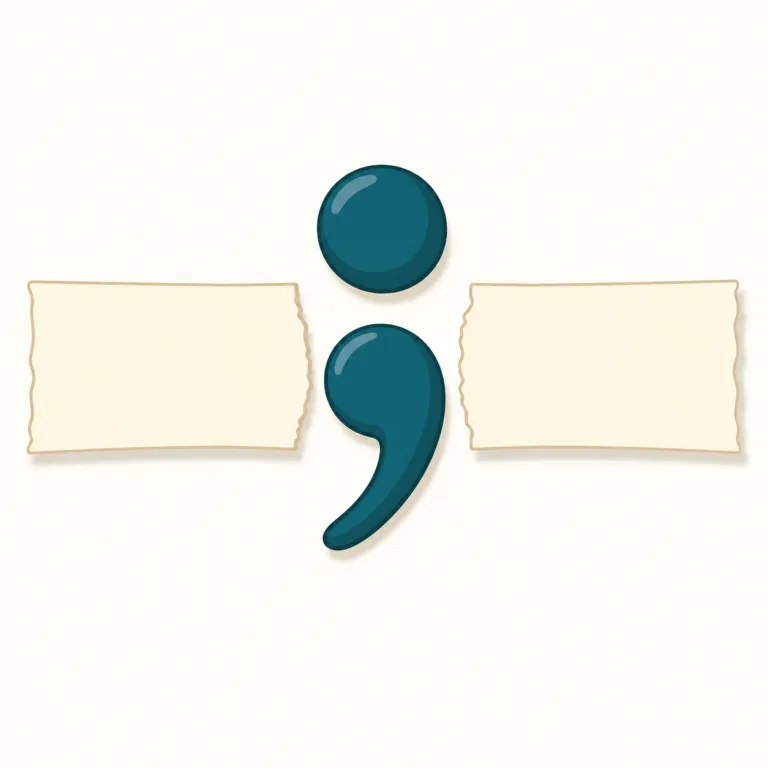 semicolon（セミコロン・名詞）の覚え方イラスト — semicolon は、comma（,）と period（.）の間にある“中くらいの切れ目”として覚えると定着しやすいです