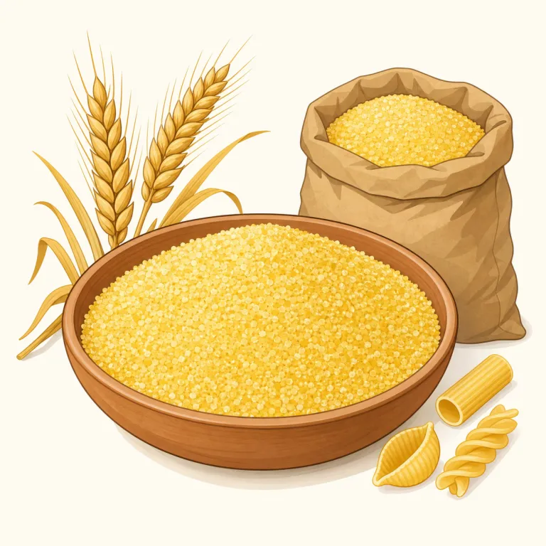 semolina（セモリナ粉・名詞）の覚え方イラスト — semolina は単体で暗記するより、durum wheat・pasta・couscous を一つのセットで覚えると残りやすい語