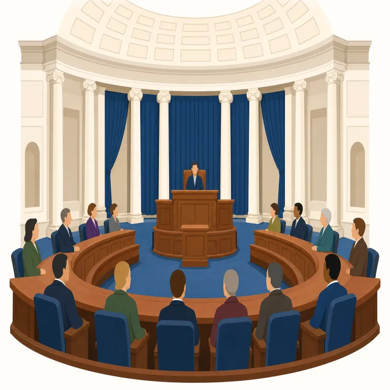 senate（上院・名詞）の覚え方イラスト — この意味の senate は、歴史上の「元老院」ではなく、現代国家の議会制度における「上院」です