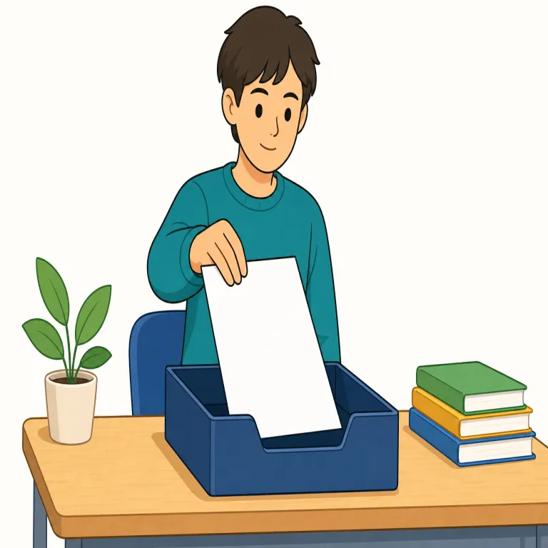 send in（提出する・句動詞）の覚え方イラスト — この「send in」は、書類・応募・レポートなどを相手側の窓口や組織へ送って「提出する」意味で覚えます