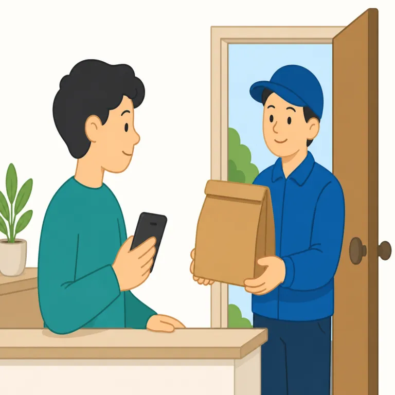 send out for（取り寄せる・句動詞）の覚え方イラスト — この「取り寄せる」は、send out for の「呼びにやる」という基本義とは別に、食べ物や品物を外部に頼んで持ってきてもらう用法です