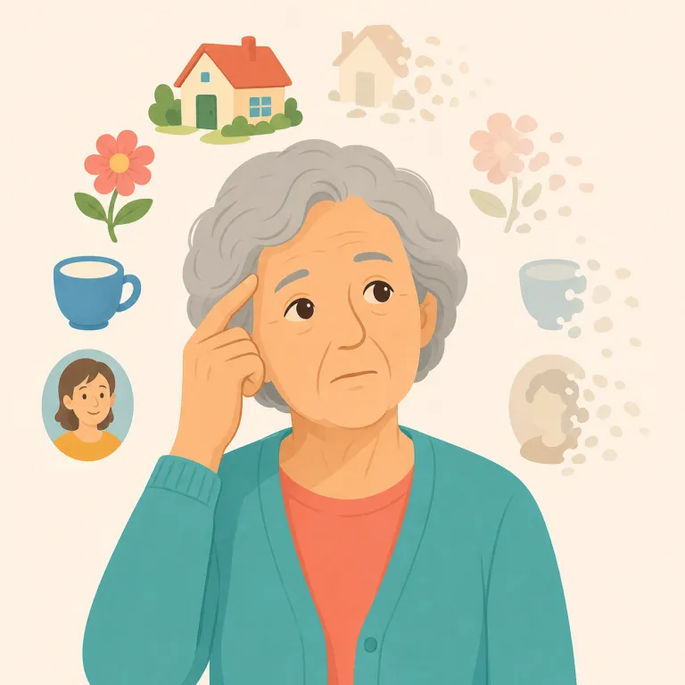 senility（老年による認知機能の衰え・名詞）の覚え方イラスト — senior を知っていれば、senility はその延長で「高齢になって現れる衰え」の名詞だとつかみやすいです