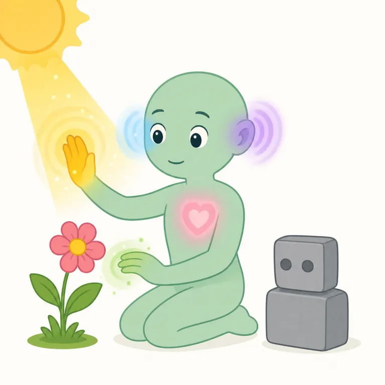 sentient（感覚のある・形容詞）の覚え方イラスト — sentient は sense を知っていると覚えやすく、「感覚をもつ」「外界を知覚できる」存在という核で押さえると残りやすいです