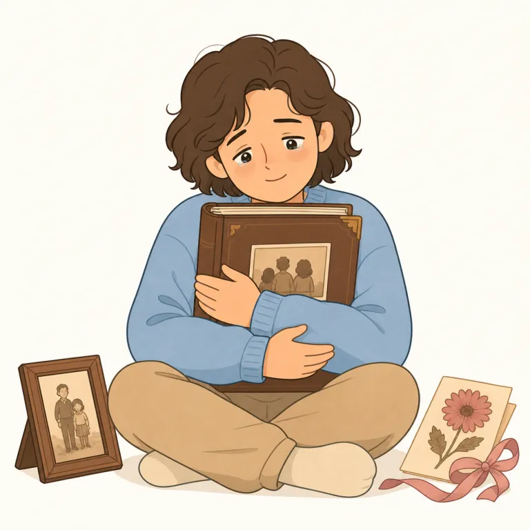 sentimental（感傷的な・形容詞）の覚え方イラスト — このエントリの sentimental は、判断が情に流されるという基本義ではなく、思い出・古い写真・手紙・歌などに触れて、しみじみした感情がこみ上げる意味です