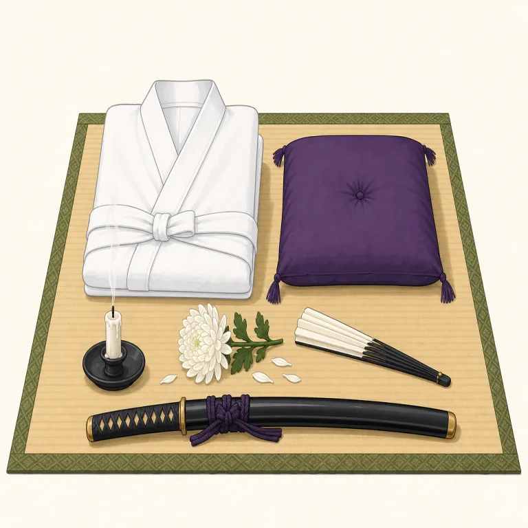seppuku（切腹・名詞）の覚え方イラスト — この項目の seppuku は、一般的な「自害」ではなく、日本の武士文化に結びついた「切腹」という具体的な行為を指します