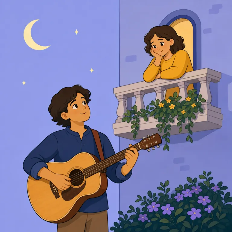 serenade（小夜曲・名詞）の覚え方イラスト — serenade は「ただの song」ではなく、特定の相手に向けて届ける、静かで親密な曲という場面で覚えると残ります