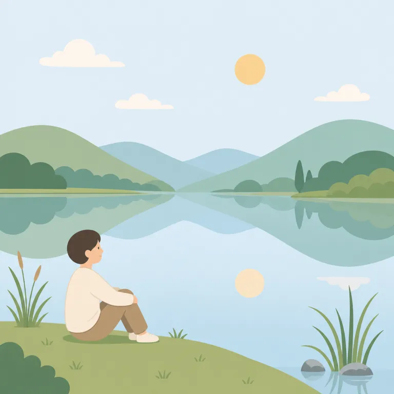 serene（穏やかな・形容詞）の覚え方イラスト — serene は、人の表情・心の状態・場所の雰囲気が乱れず「穏やかな」ことを表します