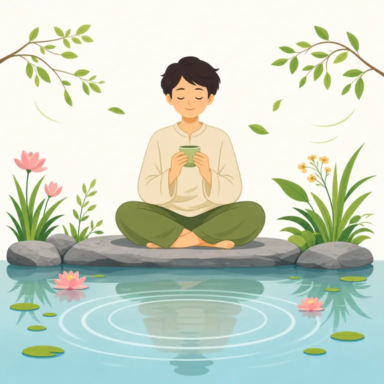 serenely（穏やかに・副詞）の覚え方イラスト — serenely は「穏やかに」、つまり表情・態度・心の状態が乱れず平和に見える様子を表します