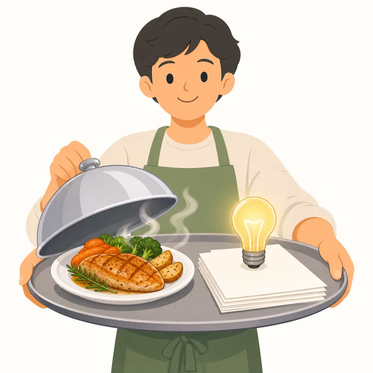 serve up（（料理などを）出す、（案などを）提示する・句動詞）の覚え方イラスト — まず serve を「仕える」より「料理を出す・提供する」で押さえると覚えやすいです