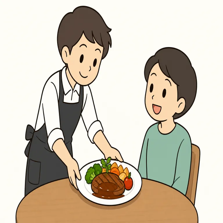 serve（出す、配膳する・verb）の覚え方イラスト