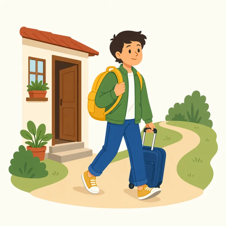 set off（出発する・句動詞）の覚え方イラスト — この意味の set off は、人が旅や移動を始めてその場を離れるときの表現です