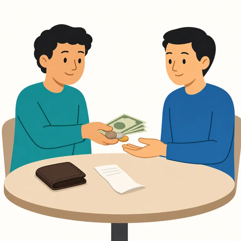 settle up（（勘定を）清算する，支払う・句動詞）の覚え方イラスト — settle は「落ち着かせる・決着をつける」が核なので、settle up は「未処理のお金の話を最後まで片づける」と覚えると残りやすいです