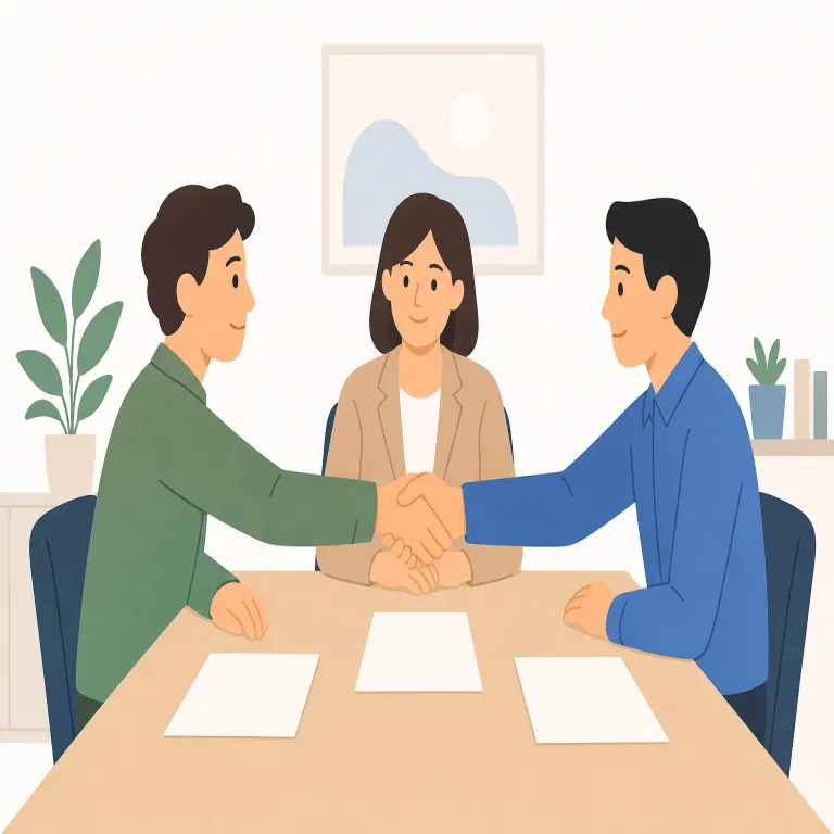 settlement（和解・名詞）の覚え方イラスト — この「和解」は、settlement の基本的な「解決」とは別に、法律・契約・補償などで争いを終わらせる正式な合意を指す用法です