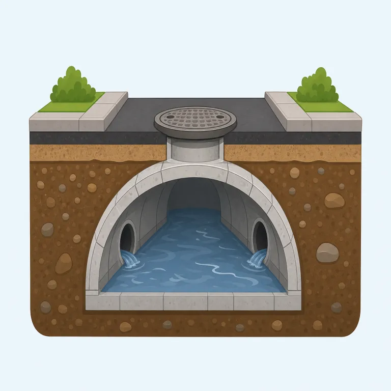 sewer（下水管・名詞）の覚え方イラスト — sewer は sewage（下水・汚水）と一緒に覚えると、意味の中心がつかみやすい語です