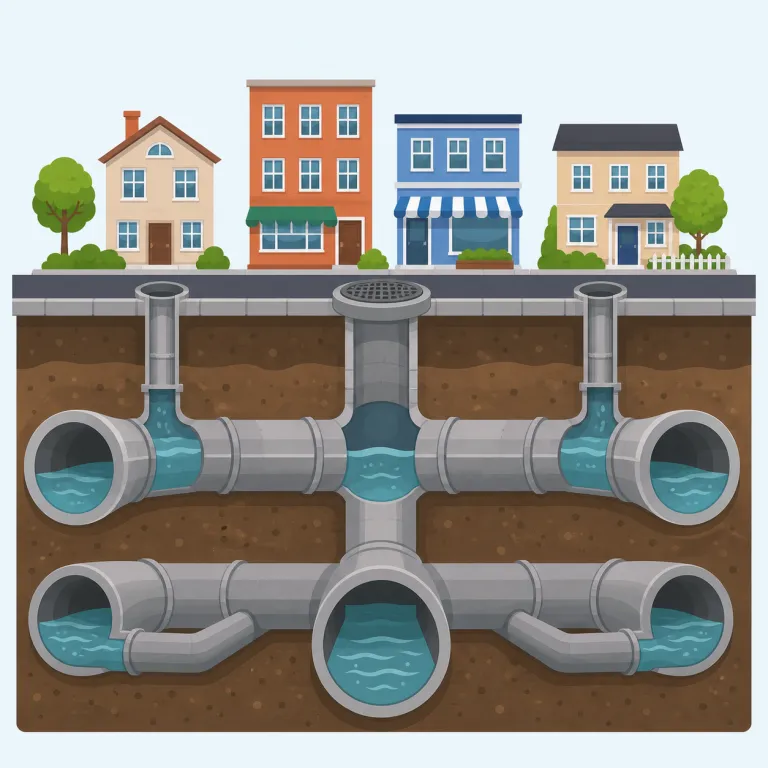 sewerage（下水道・名詞）の覚え方イラスト — まず sewer を「下水管」として押さえ、-age は coverage などと同じく「まとまり・仕組み」を作る語尾だと見ると、sewerage は「下水管1本」ではなく「下水道網…