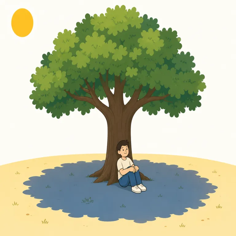 shade（日陰・名詞）の覚え方イラスト — shade は「日差しから逃げ込める涼しいゾーン」として覚えるとよい