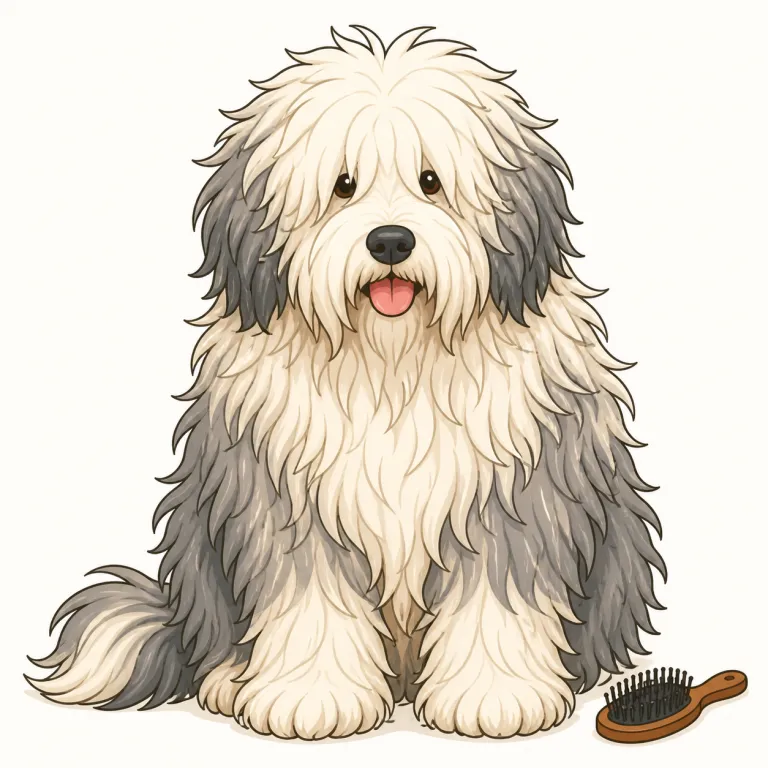 shaggy（毛むくじゃらの・形容詞）の覚え方イラスト — shaggy は「ただ毛がある」hairy より、毛が長めで粗く、手入れされずぼさっと広がった感じを思い浮かべると残りやすい語です