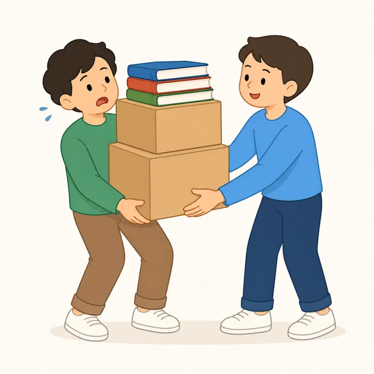 shall i help you（手伝いましょうか・イディオム）の覚え方イラスト — 「Shall I ...?」をひとかたまりで覚えると定着しやすい表現です