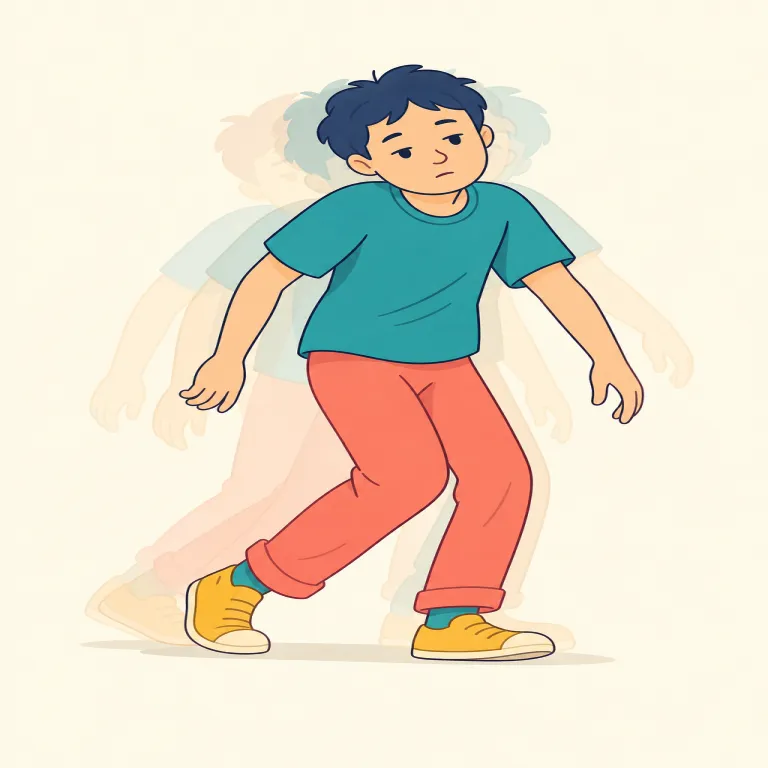 shamble（よろめき歩く・動詞）の覚え方イラスト — shamble は「姿勢も足取りも崩れたまま、重そうによろよろ歩く」場面を思い浮かべると定着します