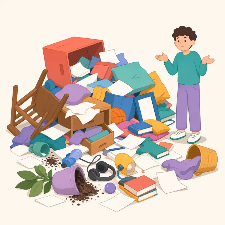 shambles（大混乱・名詞）の覚え方イラスト — be a shambles「めちゃくちゃな状態だ」、in a shambles「大混乱に陥って」、a complete shambles「完全な惨状」というまとまりで覚えると実用的
