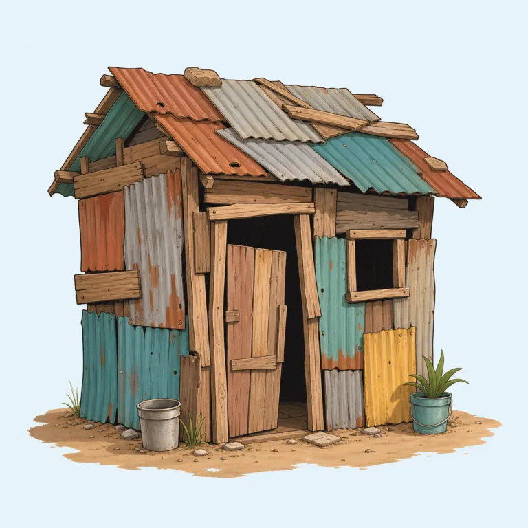 shanty（掘っ立て小屋・名詞）の覚え方イラスト — shanty は単独より shanty town で覚えると残りやすいです