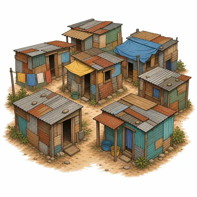 shantytown（掘っ立て小屋の集落・名詞）の覚え方イラスト — shantytown は shanty「粗末な小屋」と town「町」を合わせた語です
