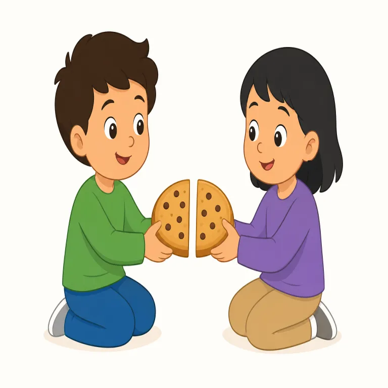 share（分け合う、共有する・動詞）の覚え方イラスト — share は「自分だけの内側に置かず、相手も関われるようにする」と覚えると使い分けやすいです