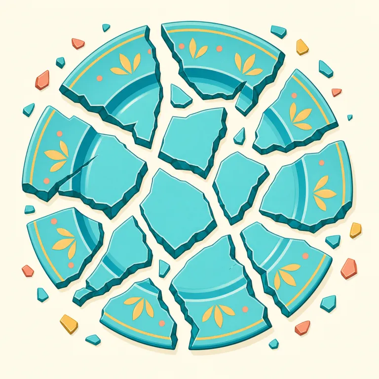 shattered（粉々の・形容詞）の覚え方イラスト — shatter は break よりも激しく、「多数の小さな破片に砕ける」イメージです