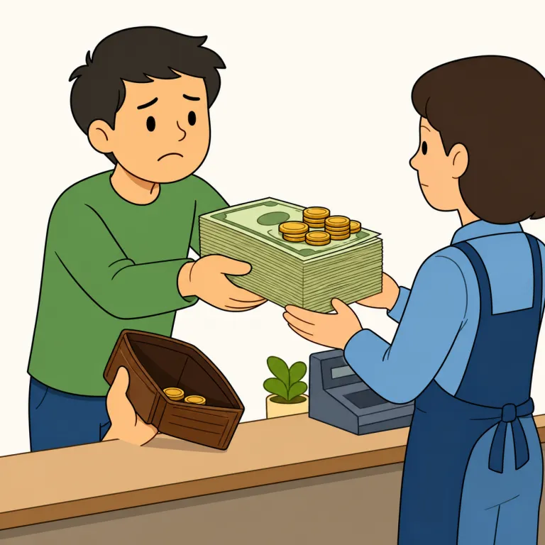 shell out（支払う・句動詞）の覚え方イラスト — まず普通の pay ではなく、out が付いて「外へ出す」感覚を持つと覚えやすい表現です