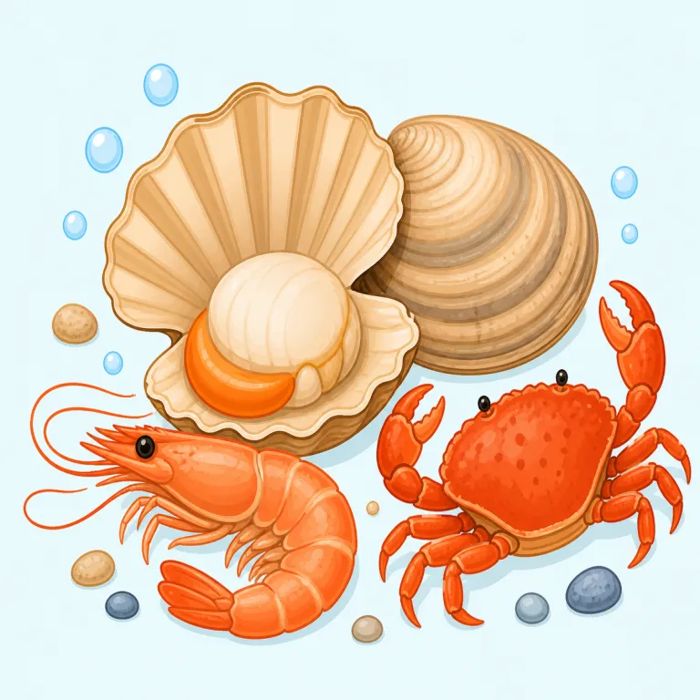shellfish（貝類・甲殻類・名詞）の覚え方イラスト — shell と fish に分けて見ると覚えやすい語です