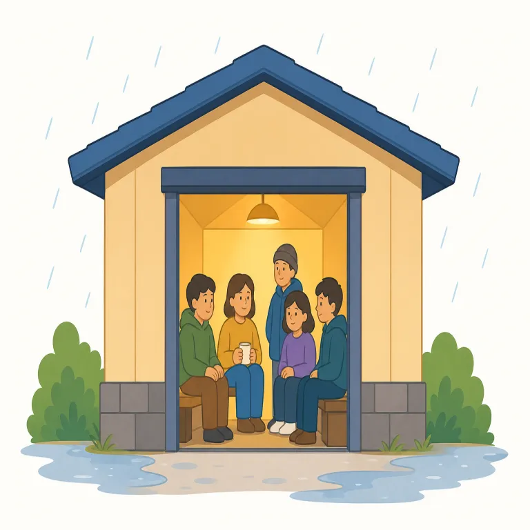 shelter（避難所・名詞）の覚え方イラスト — shelter の名詞は「中に入ると外の脅威が届きにくくなる囲い」を思い浮かべると定着します