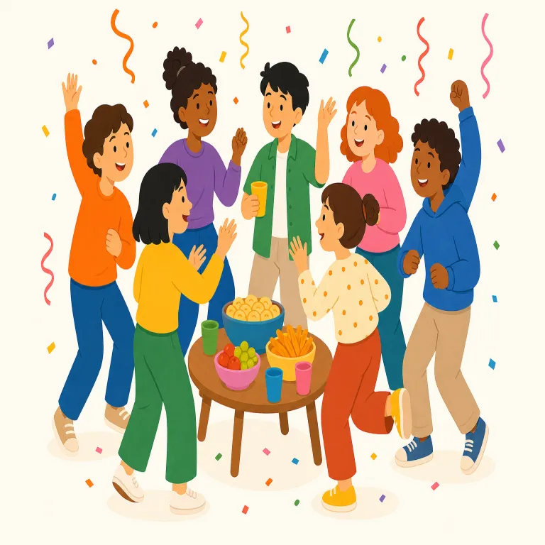 shindig（にぎやかな集まり・名詞）の覚え方イラスト — 見た目から意味を推測しにくいので、単独で覚えるより party 系の類義語セットに入れると定着しやすい語です