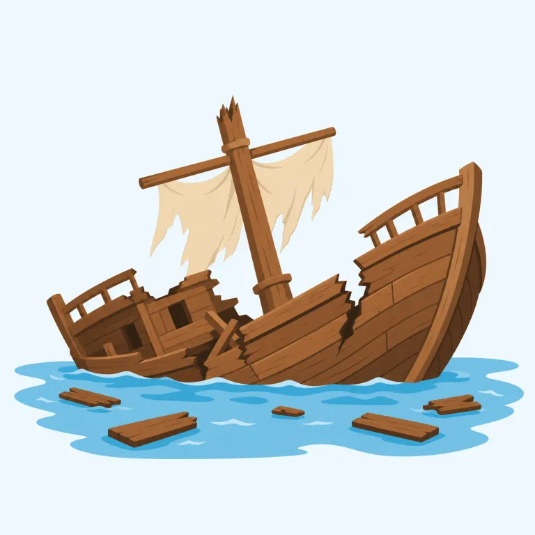 shipwreck（難破船・名詞）の覚え方イラスト — shipwreck は ship「船」と wreck「大破・めちゃくちゃにする」がそのまま合体した語なので、まず『船が wreck した場面』を頭に浮かべると定着しやすいです